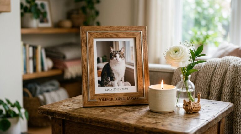 Rincón con fotografía de mascota, vela encendida y memoria amorosa