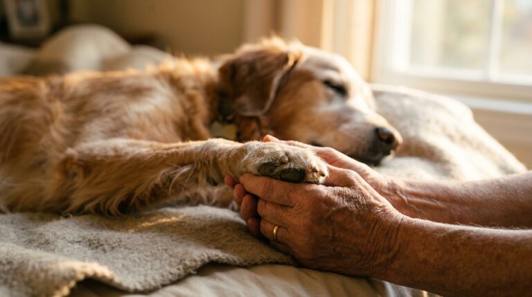Manos sosteniendo con amor y paz la patita de un perro anciano descansando