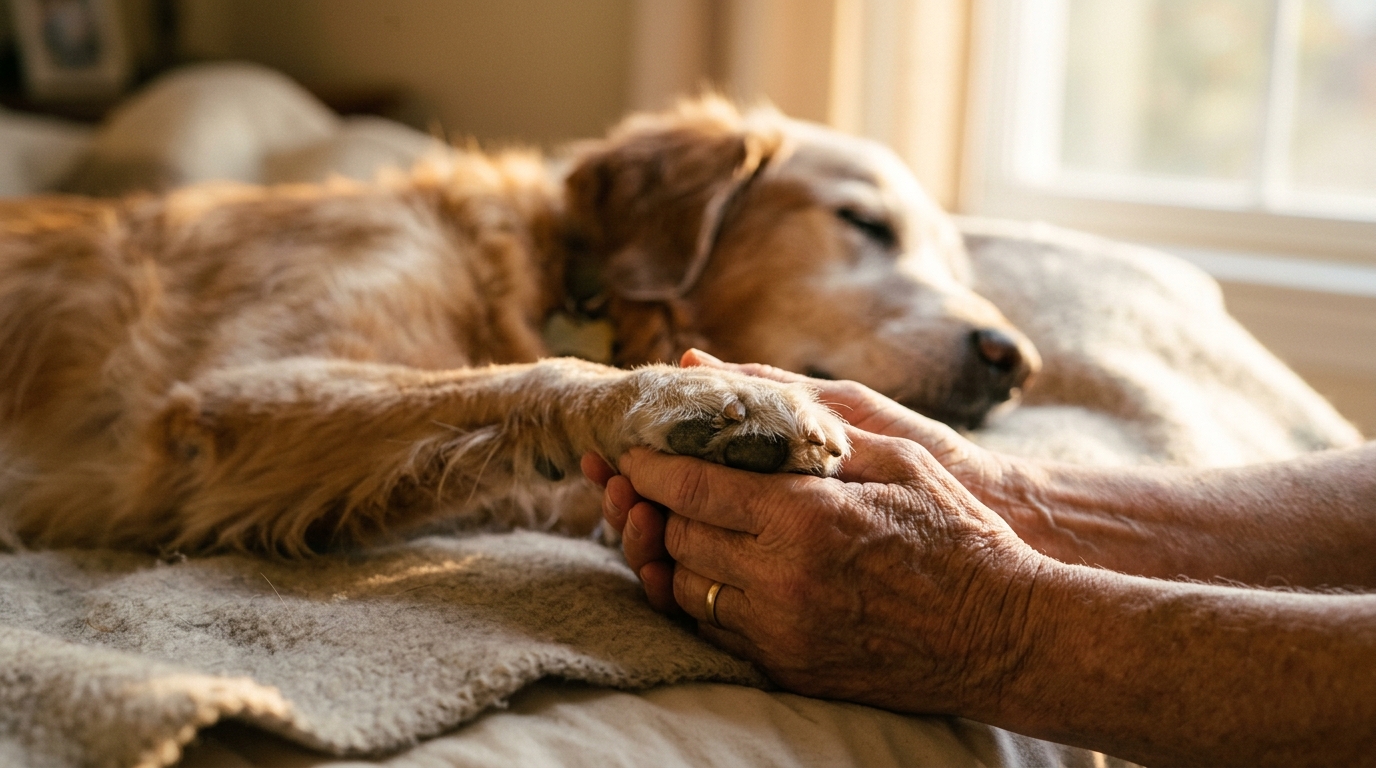 Manos sosteniendo con amor y paz la patita de un perro anciano descansando