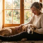 Perro anciano descansando su cabeza en el regazo de su tutor junto a la ventana