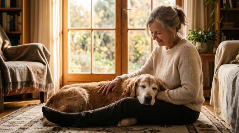 Perro anciano descansando su cabeza en el regazo de su tutor junto a la ventana