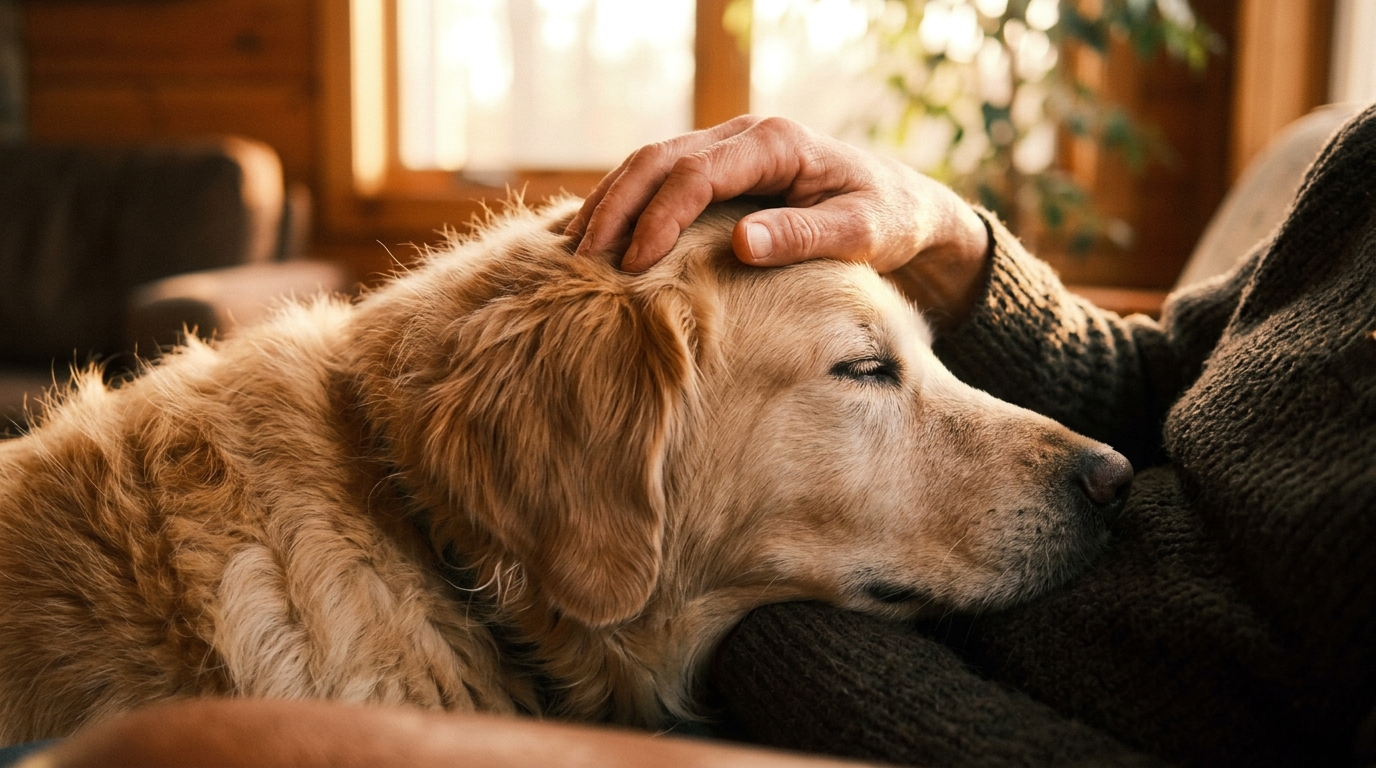 Mano acariciando con ternura el pelaje de un perro fiel destacando el amor puro